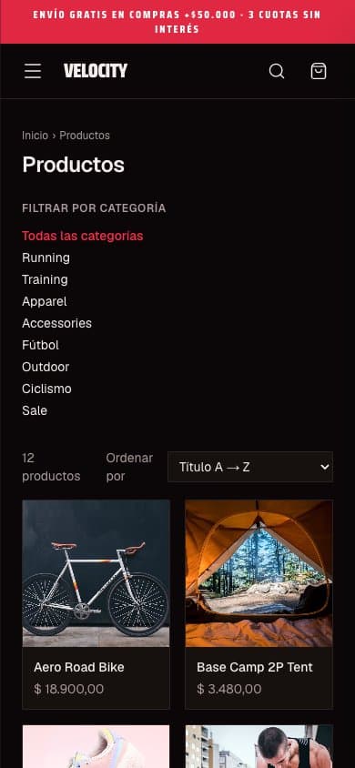 Velocity — catálogo en celular